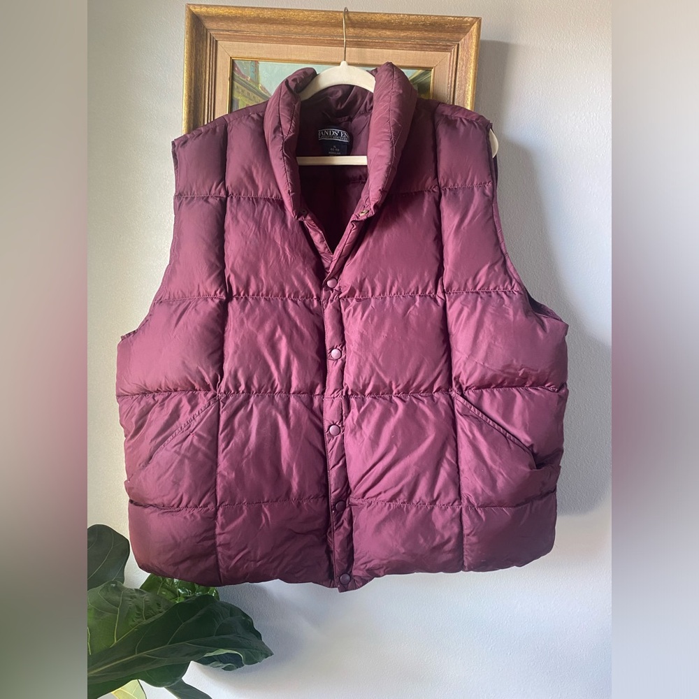 Lands End Puffer Burgundy Vest Mens XL Goose Down Feather Warm Winter Snap